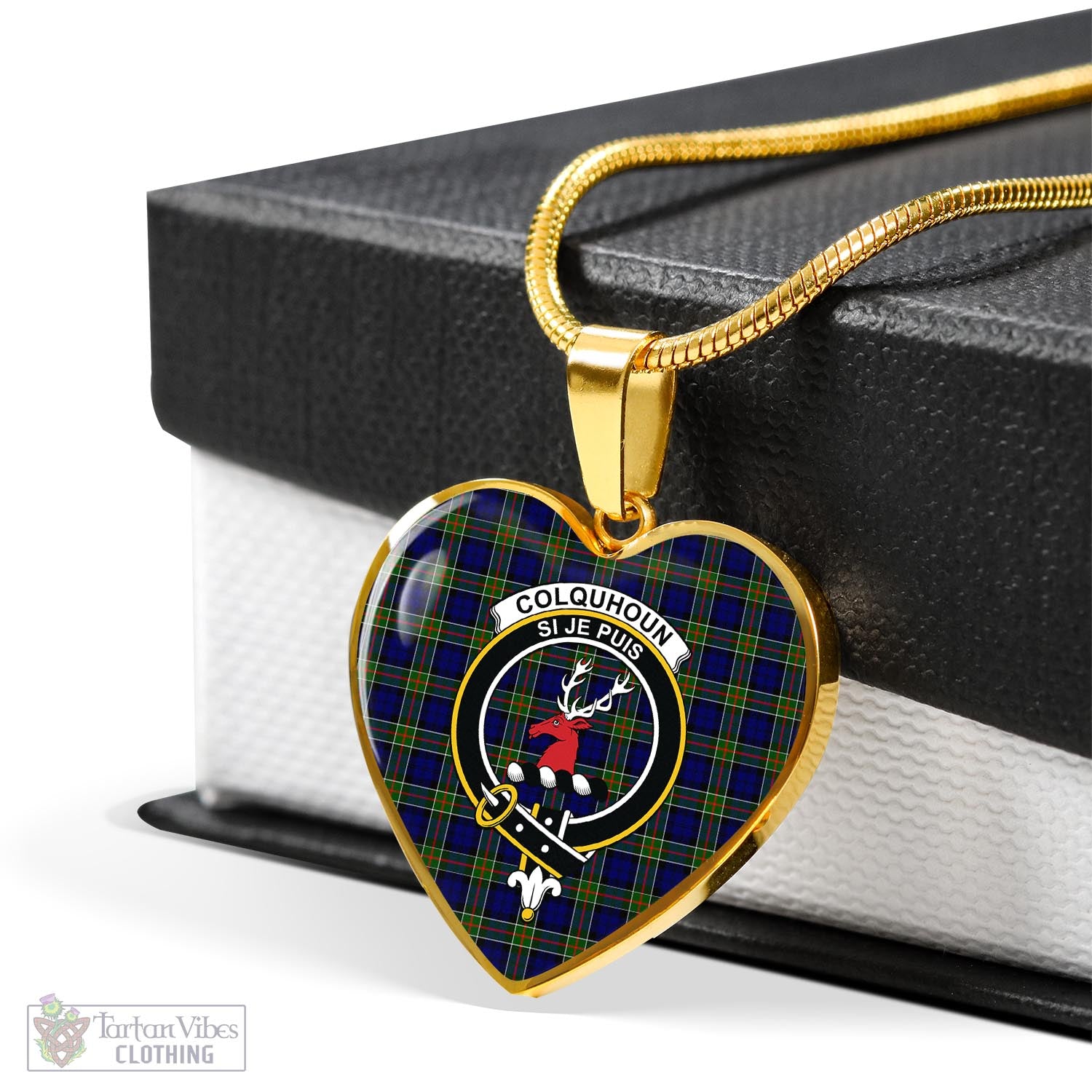 Tartan Vibes Clothing Colquhoun Modern Tartan Heart Necklace with Family Crest