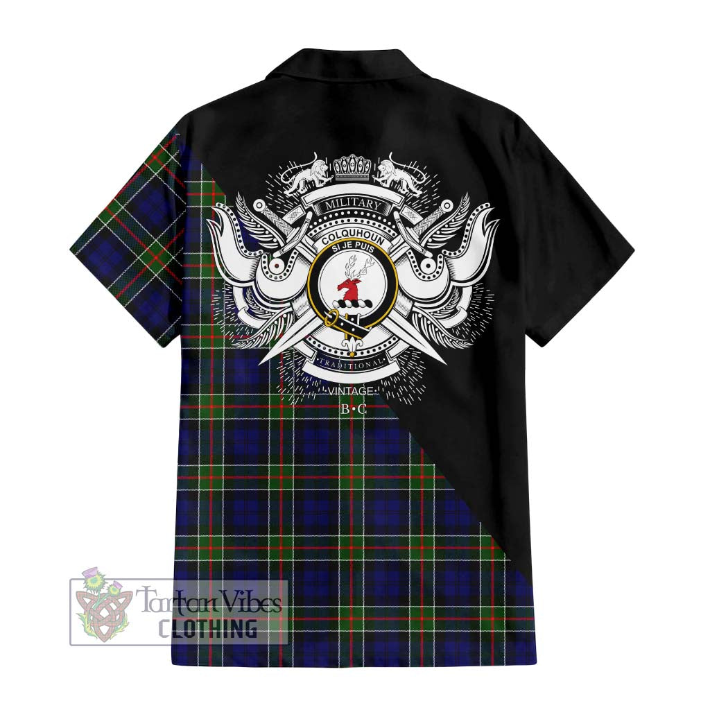 Tartan Vibes Clothing Colquhoun Modern Tartan Short Sleeve Button Shirt with Family Crest and Military Logo Style