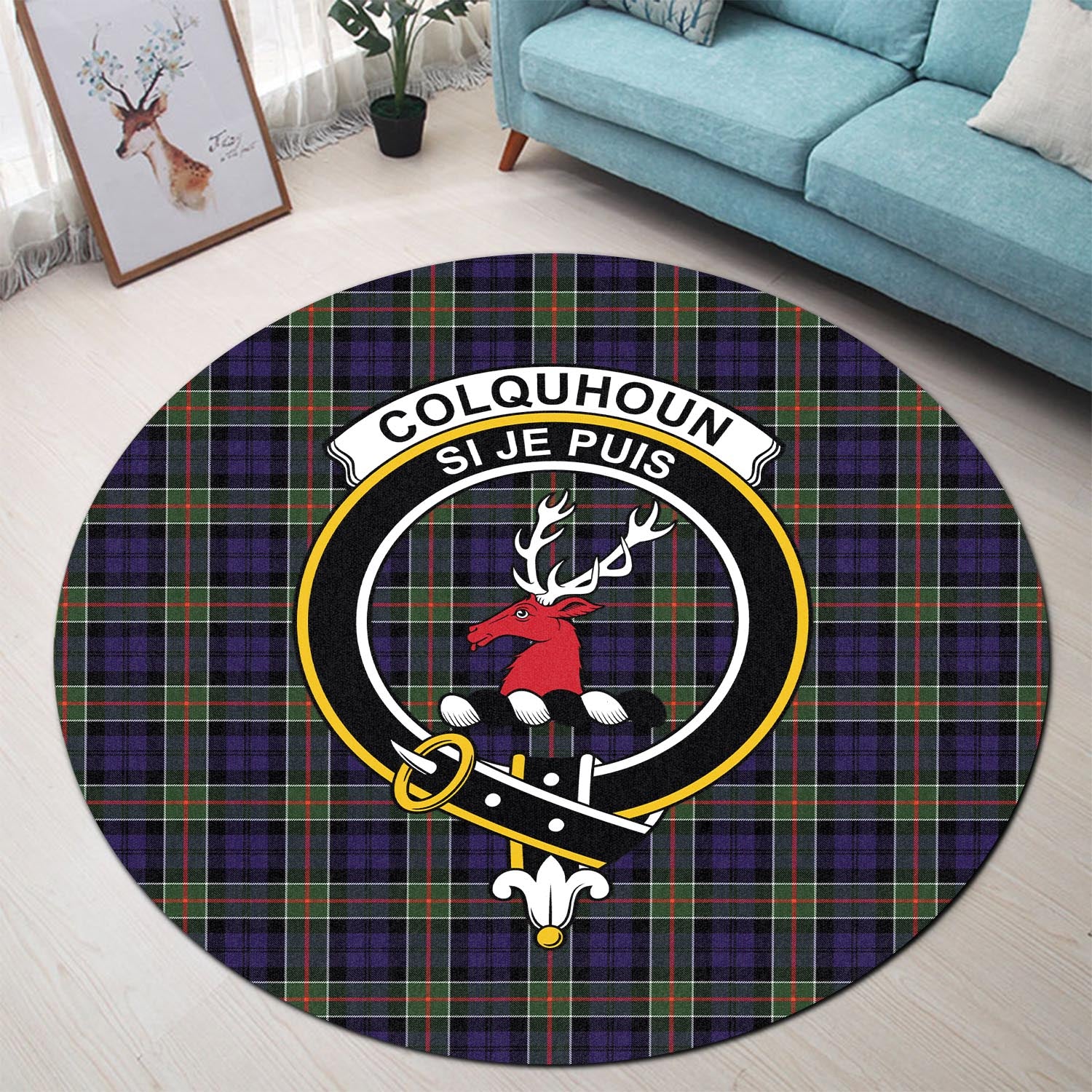 Colquhoun Modern Tartan Round Rug with Family Crest - Tartanvibesclothing