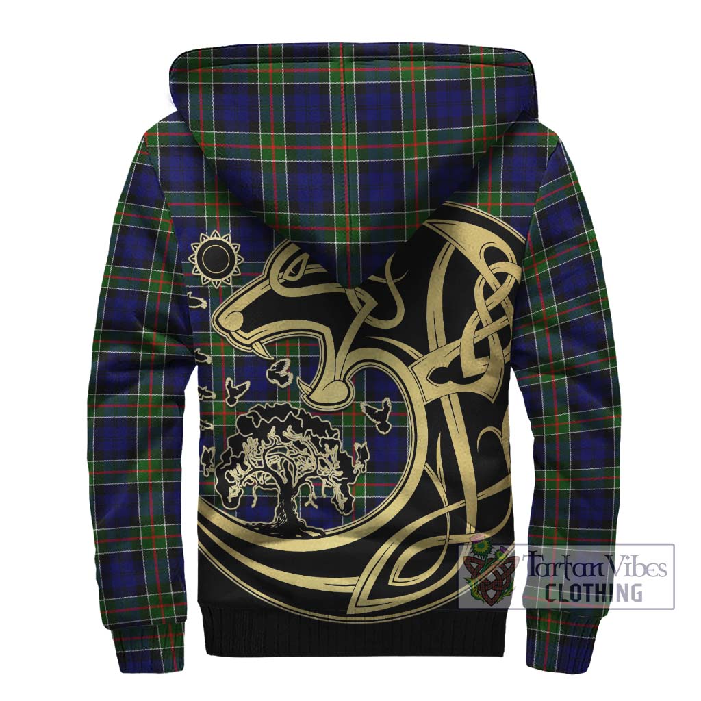 Tartan Vibes Clothing Colquhoun Modern Tartan Sherpa Hoodie with Family Crest Celtic Wolf Style