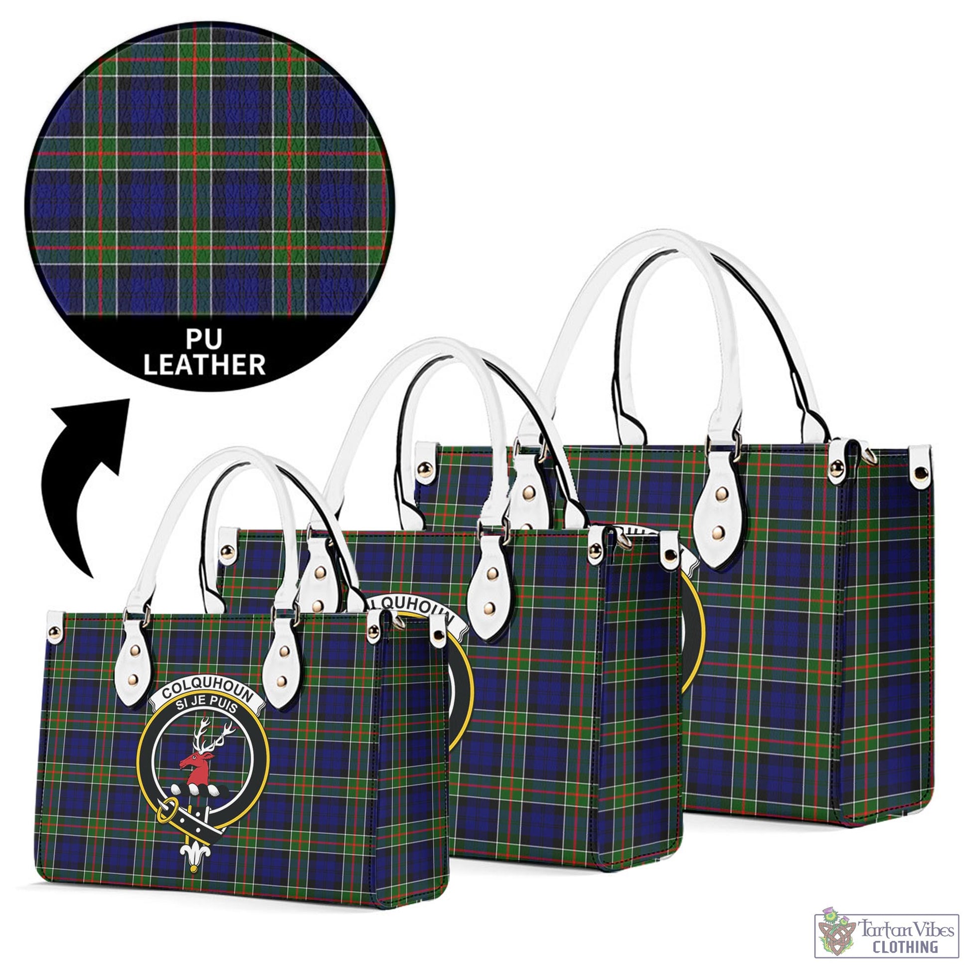 Tartan Vibes Clothing Colquhoun Modern Tartan Luxury Leather Handbags with Family Crest