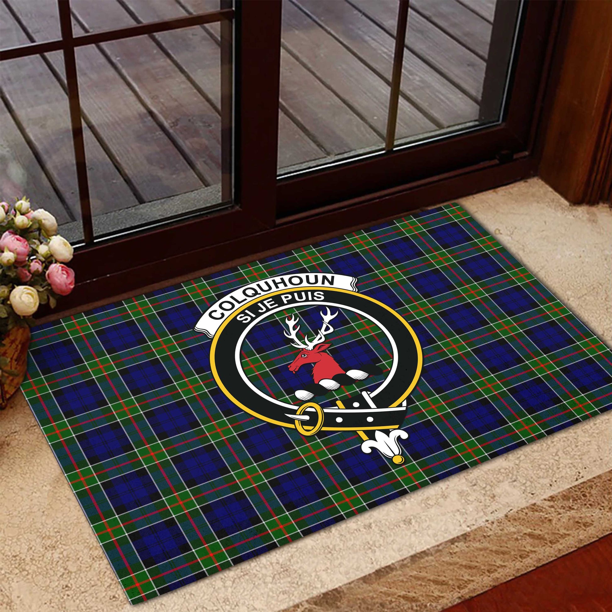 Colquhoun Modern Tartan Door Mat with Family Crest - Tartanvibesclothing