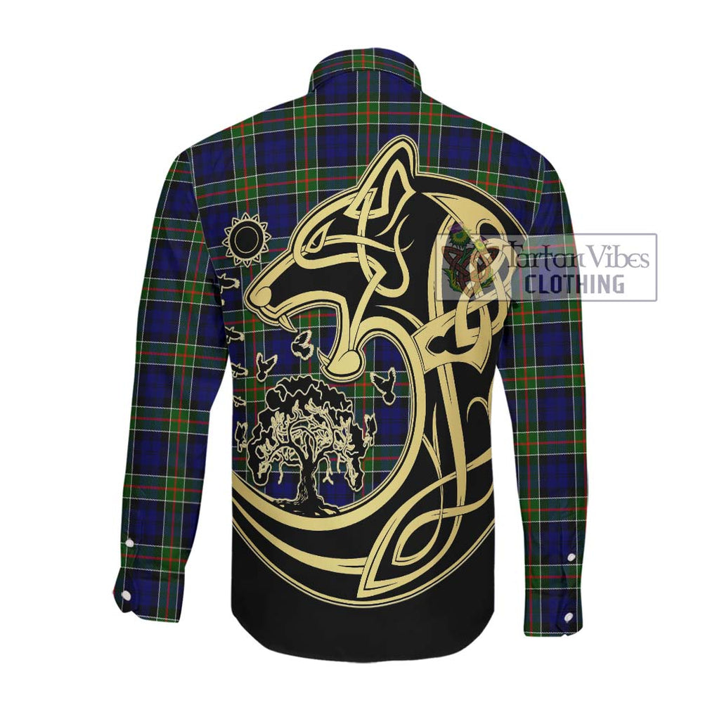 Colquhoun Tartan Long Sleeve Button Shirt with Family Crest Celtic Wolf Style Men's Shirt - Tartan Vibes Clothing