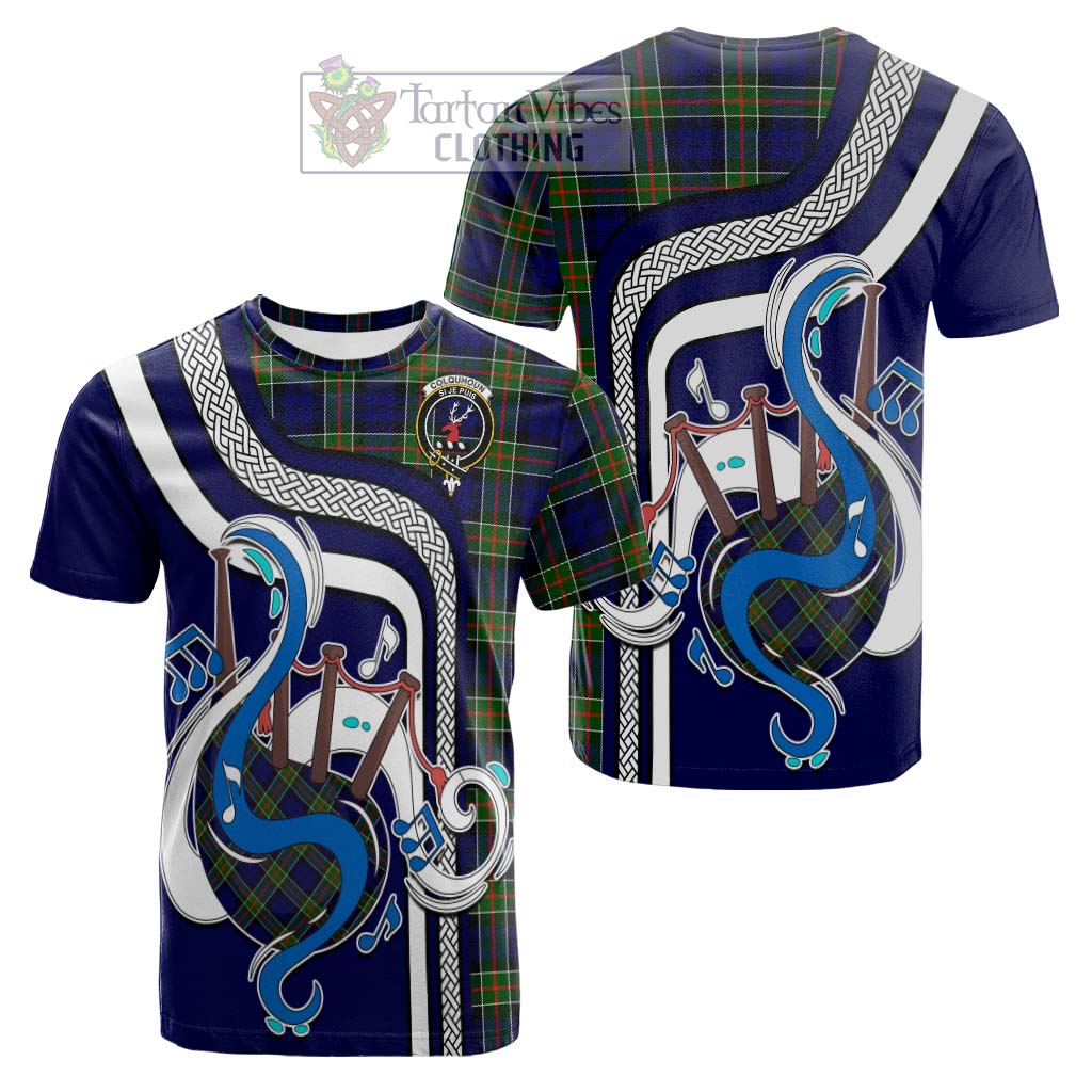 Tartan Vibes Clothing Colquhoun Modern Tartan Cotton T-shirt with Epic Bagpipe Style