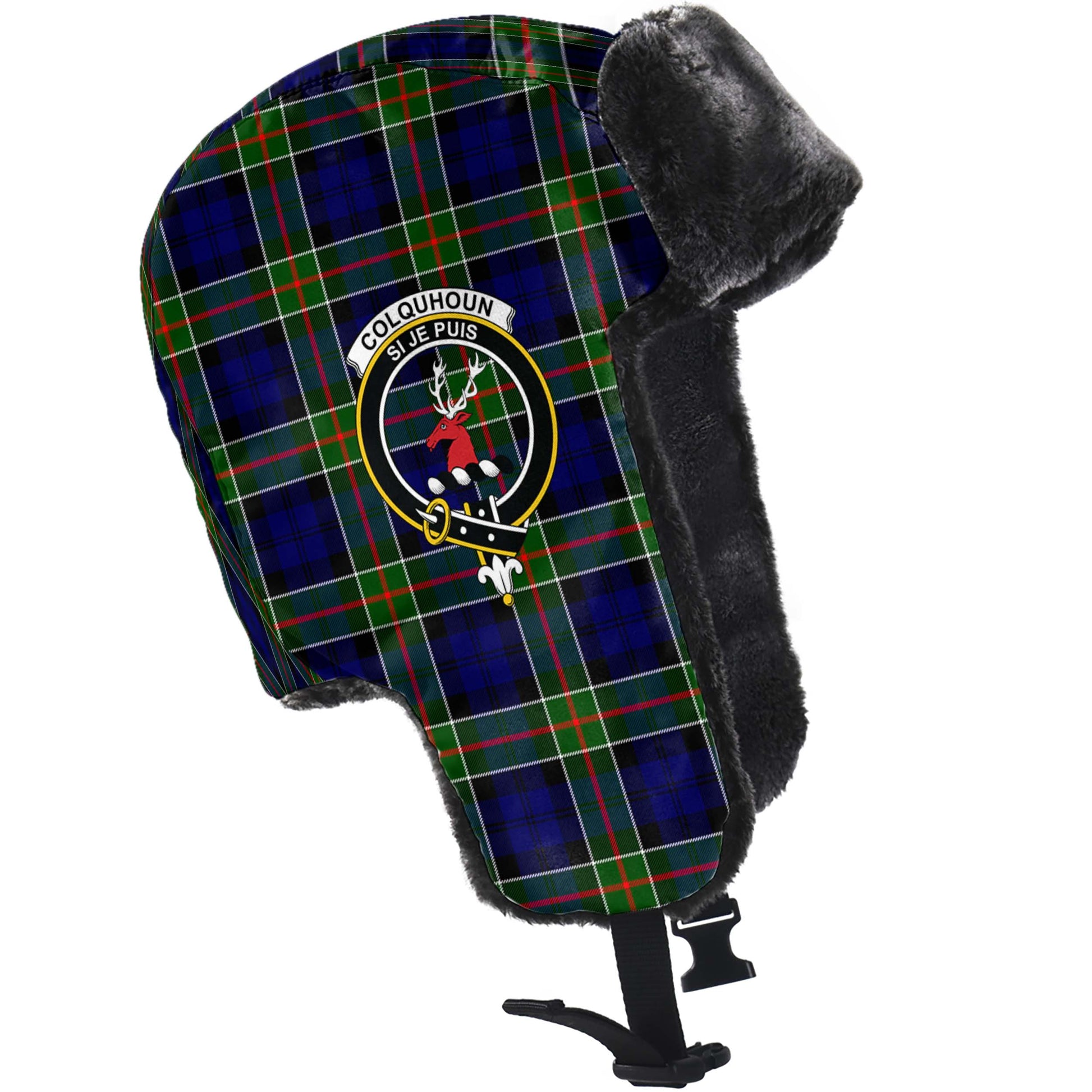 Colquhoun Modern Tartan Winter Trapper Hat with Family Crest - Tartanvibesclothing