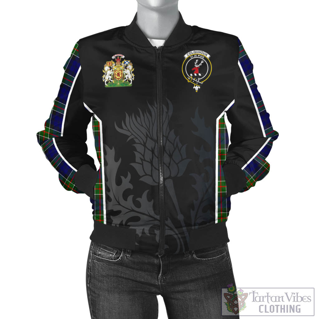 Tartan Vibes Clothing Colquhoun Modern Tartan Bomber Jacket with Family Crest and Scottish Thistle Vibes Sport Style