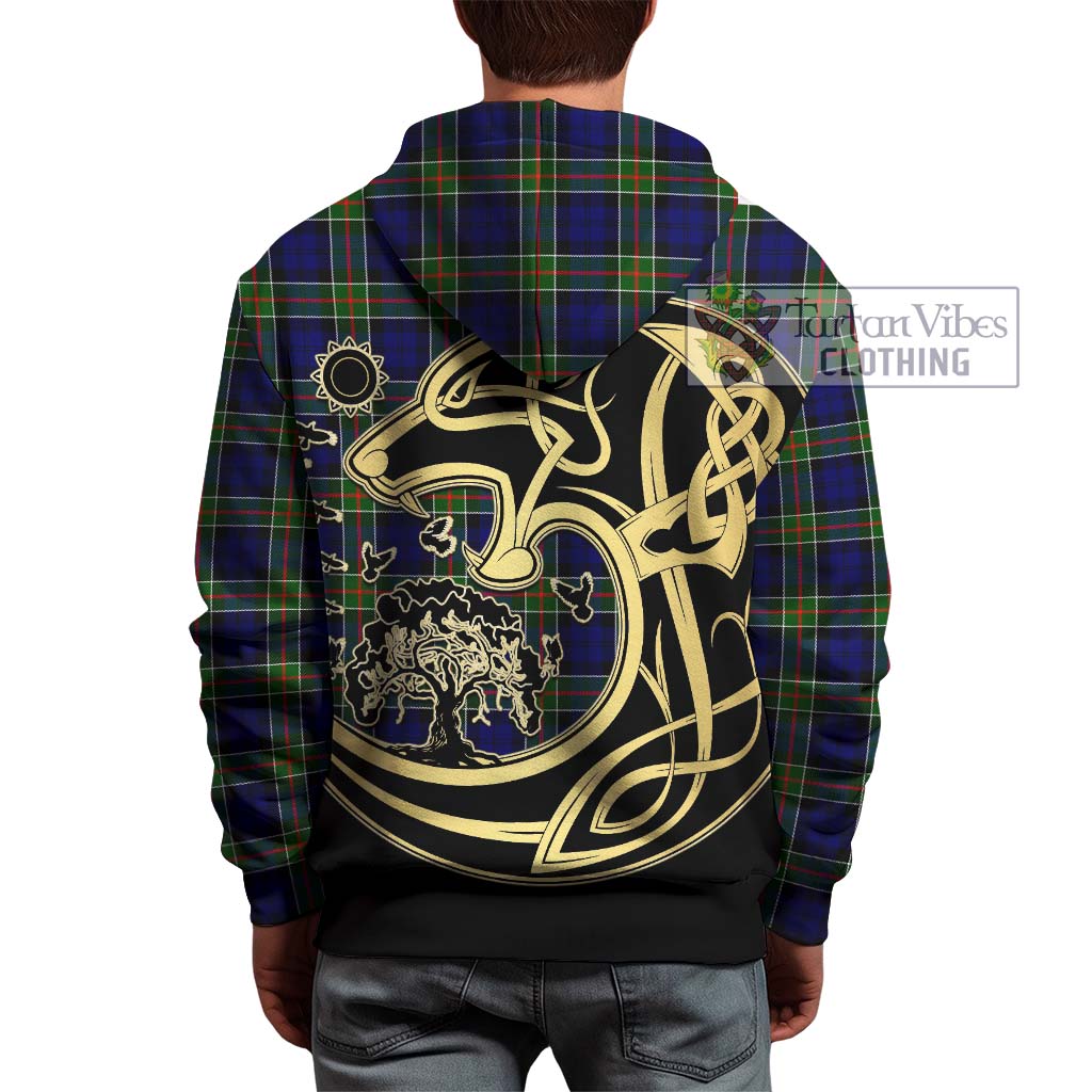 Tartan Vibes Clothing Colquhoun Modern Tartan Hoodie with Family Crest Celtic Wolf Style