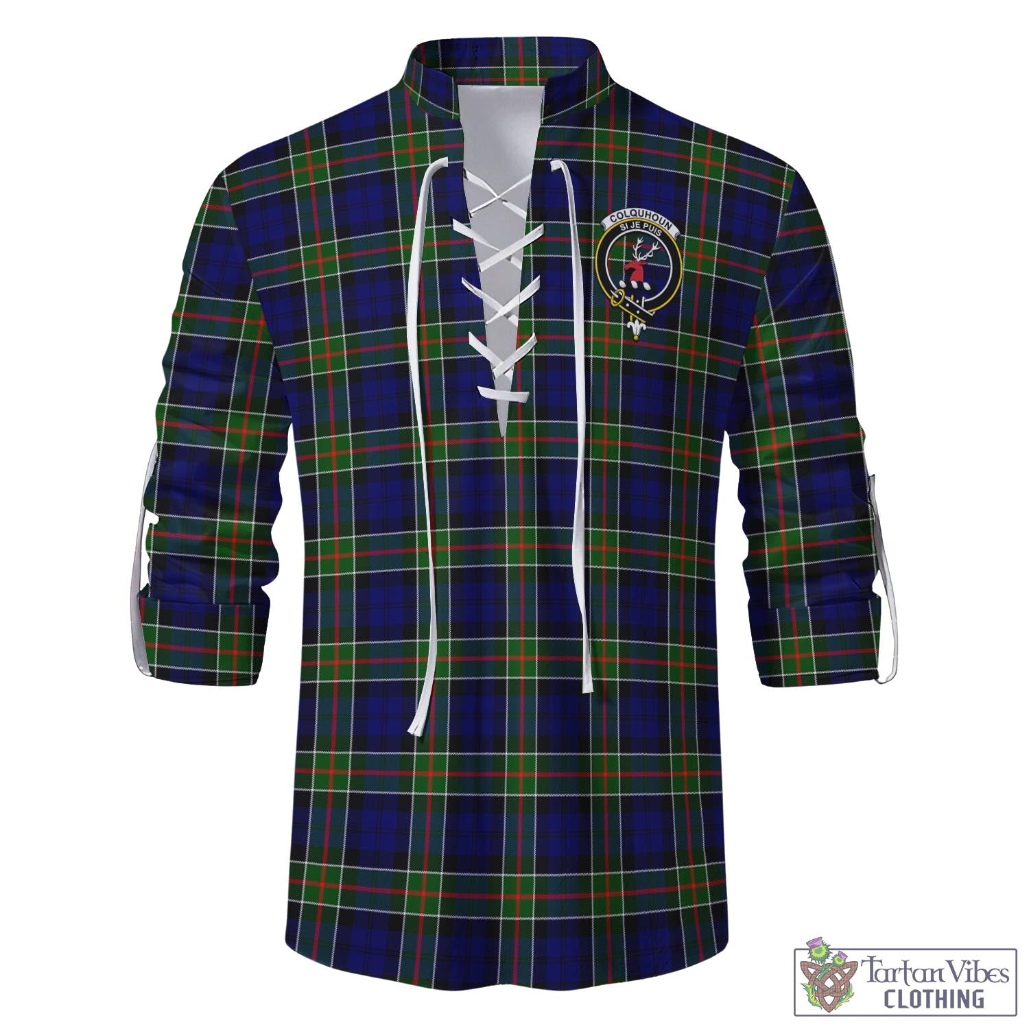 Tartan Vibes Clothing Colquhoun Modern Tartan Men's Scottish Traditional Jacobite Ghillie Kilt Shirt with Family Crest