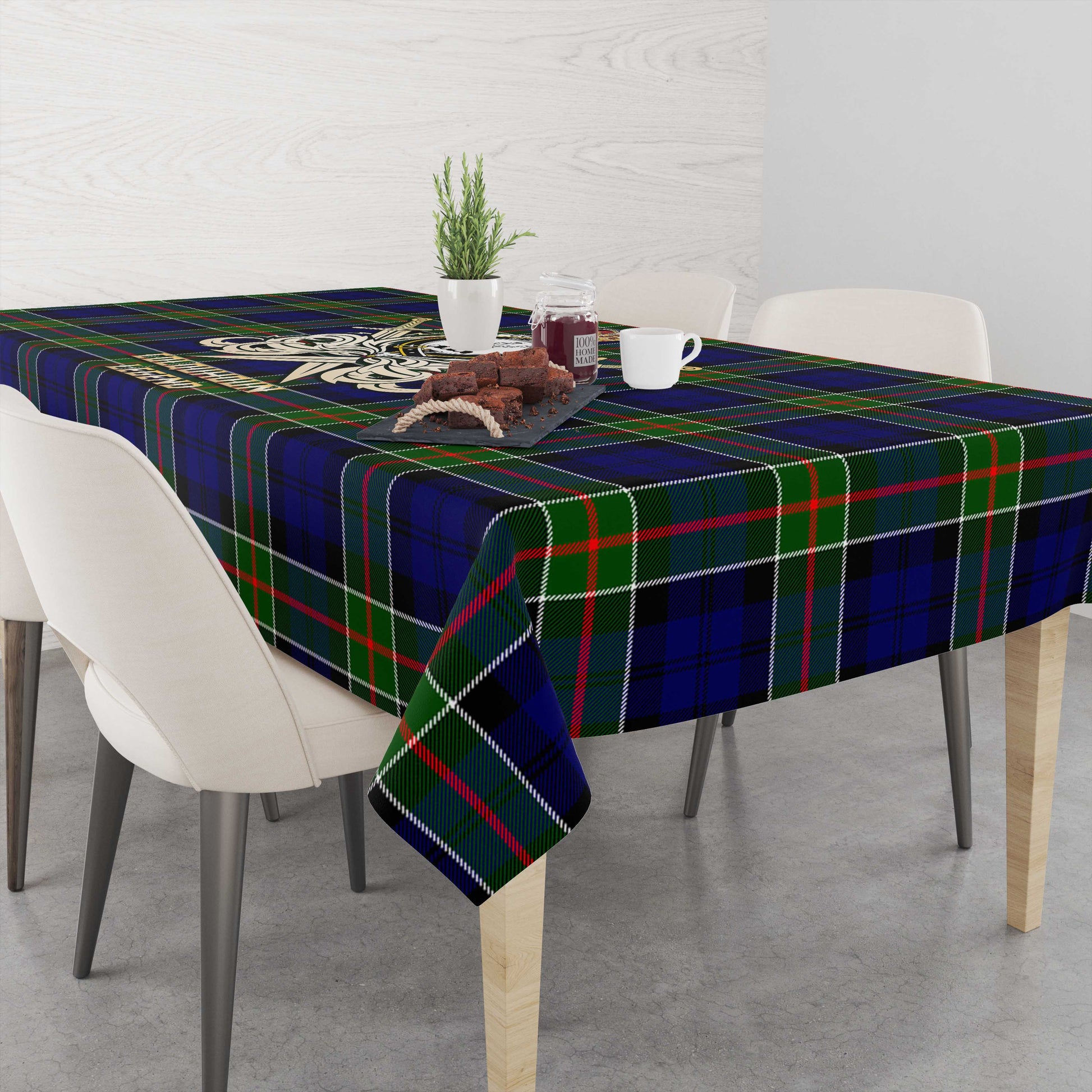 Tartan Vibes Clothing Colquhoun Modern Tartan Tablecloth with Clan Crest and the Golden Sword of Courageous Legacy