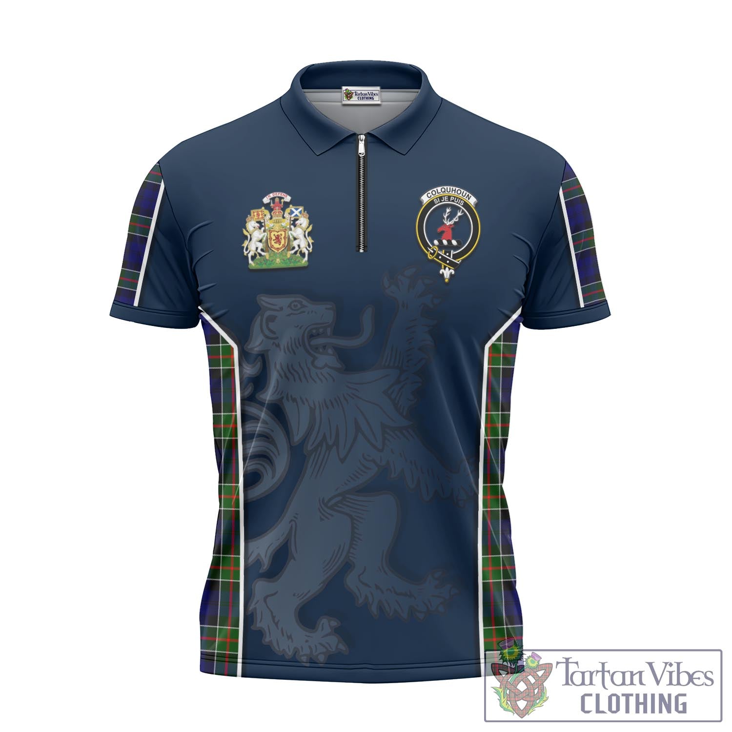 Tartan Vibes Clothing Colquhoun Modern Tartan Zipper Polo Shirt with Family Crest and Lion Rampant Vibes Sport Style