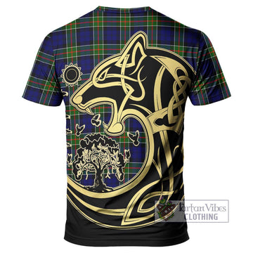 Colquhoun Modern Tartan T-Shirt with Family Crest Celtic Wolf Style