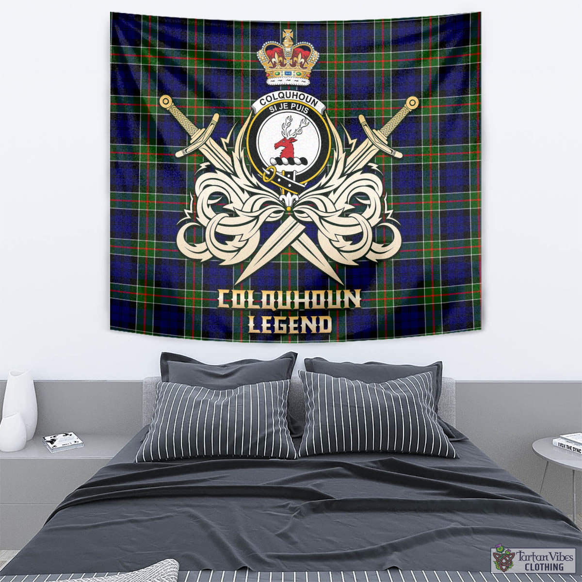 Tartan Vibes Clothing Colquhoun Modern Tartan Tapestry with Clan Crest and the Golden Sword of Courageous Legacy