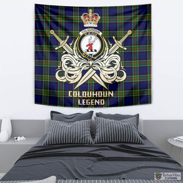 Colquhoun Tartan Tapestry with Clan Crest and the Golden Sword of Courageous Legacy