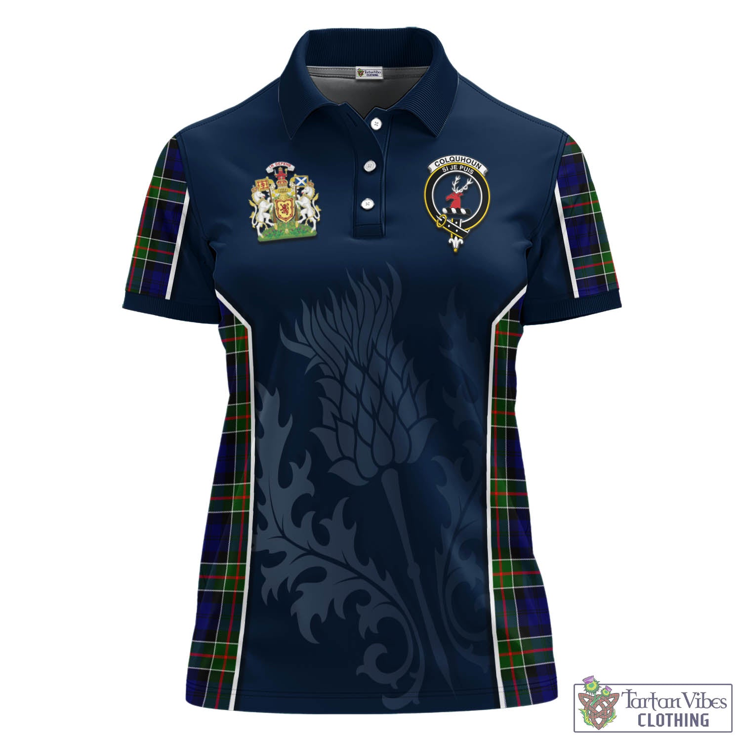 Tartan Vibes Clothing Colquhoun Modern Tartan Women's Polo Shirt with Family Crest and Scottish Thistle Vibes Sport Style