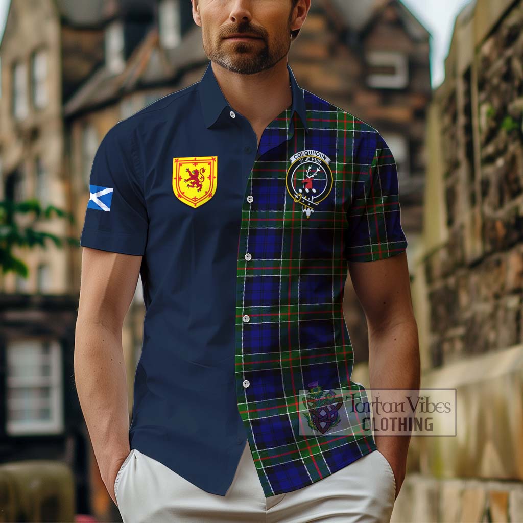 Tartan Vibes Clothing Colquhoun Modern Tartan Short Sleeve Button Shirt with Scottish Lion Royal Arm Half Style