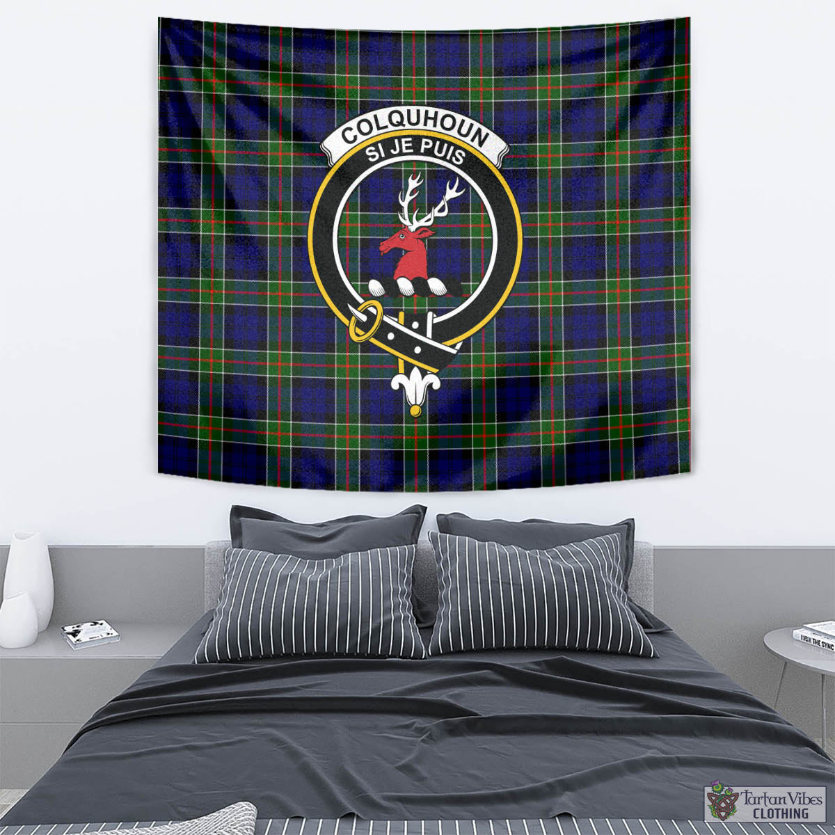 Tartan Vibes Clothing Colquhoun Modern Tartan Tapestry Wall Hanging and Home Decor for Room with Family Crest