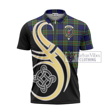 Colquhoun Modern Tartan Zipper Polo Shirt with Family Crest and Celtic Symbol Style