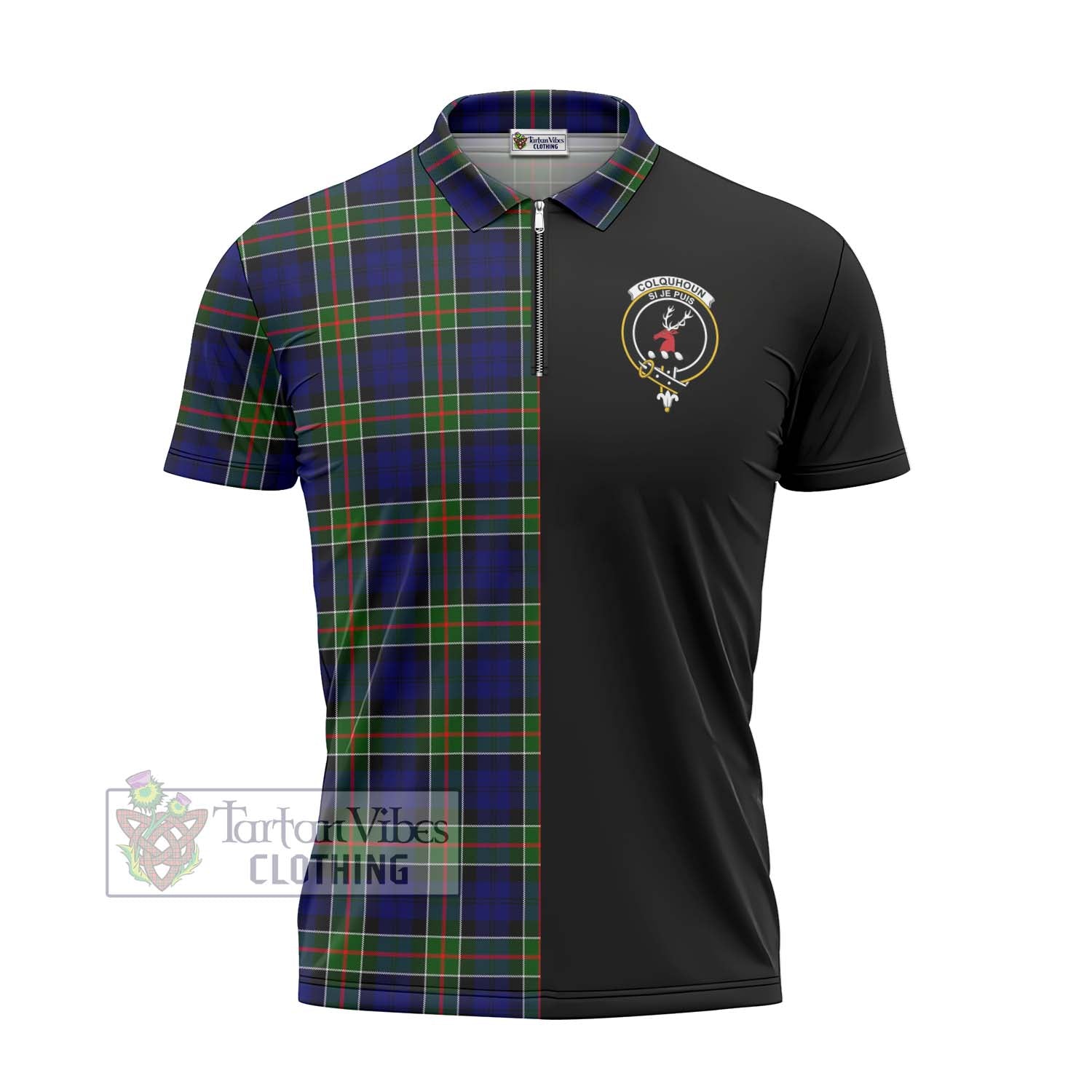 Tartan Vibes Clothing Colquhoun Modern Tartan Zipper Polo Shirt with Family Crest and Half Of Me Style