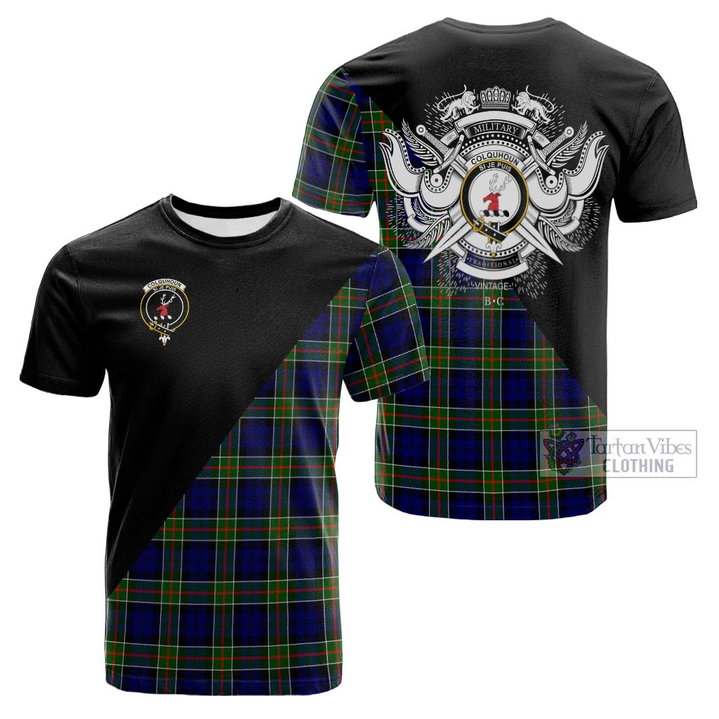 Tartan Vibes Clothing Colquhoun Modern Tartan Cotton T-shirt with Family Crest and Military Logo Style