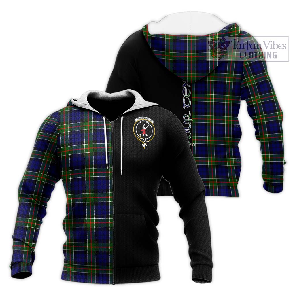 Tartan Vibes Clothing Colquhoun Modern Tartan Knitted Hoodie with Family Crest and Half Of Me Style