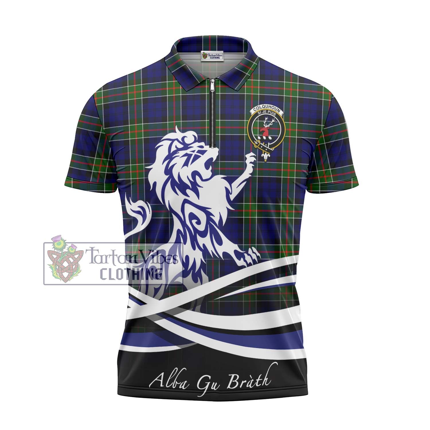 Tartan Vibes Clothing Colquhoun Modern Tartan Zipper Polo Shirt with Alba Gu Brath Regal Lion Emblem