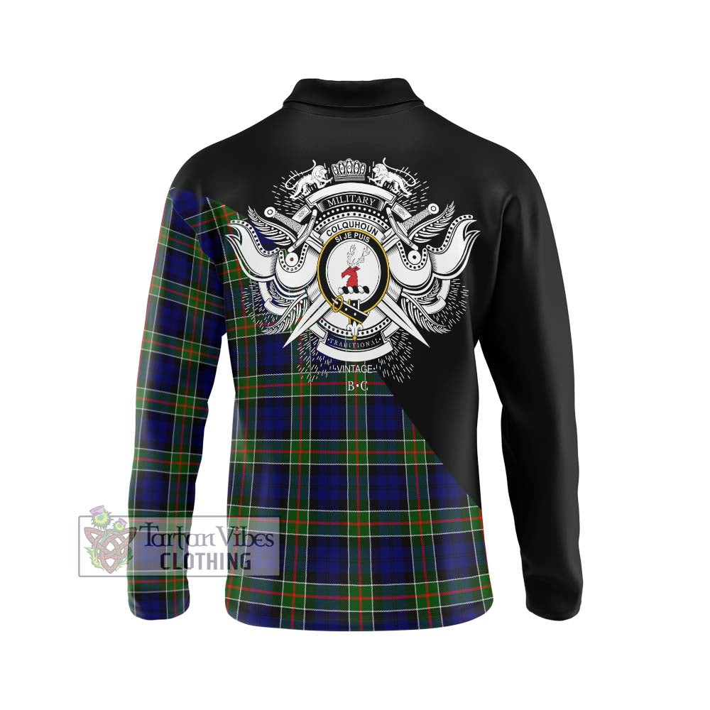 Tartan Vibes Clothing Colquhoun Modern Tartan Long Sleeve Polo Shirt with Family Crest and Military Logo Style