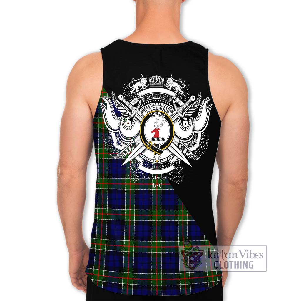 Tartan Vibes Clothing Colquhoun Modern Tartan Men's Tank Top with Family Crest and Military Logo Style