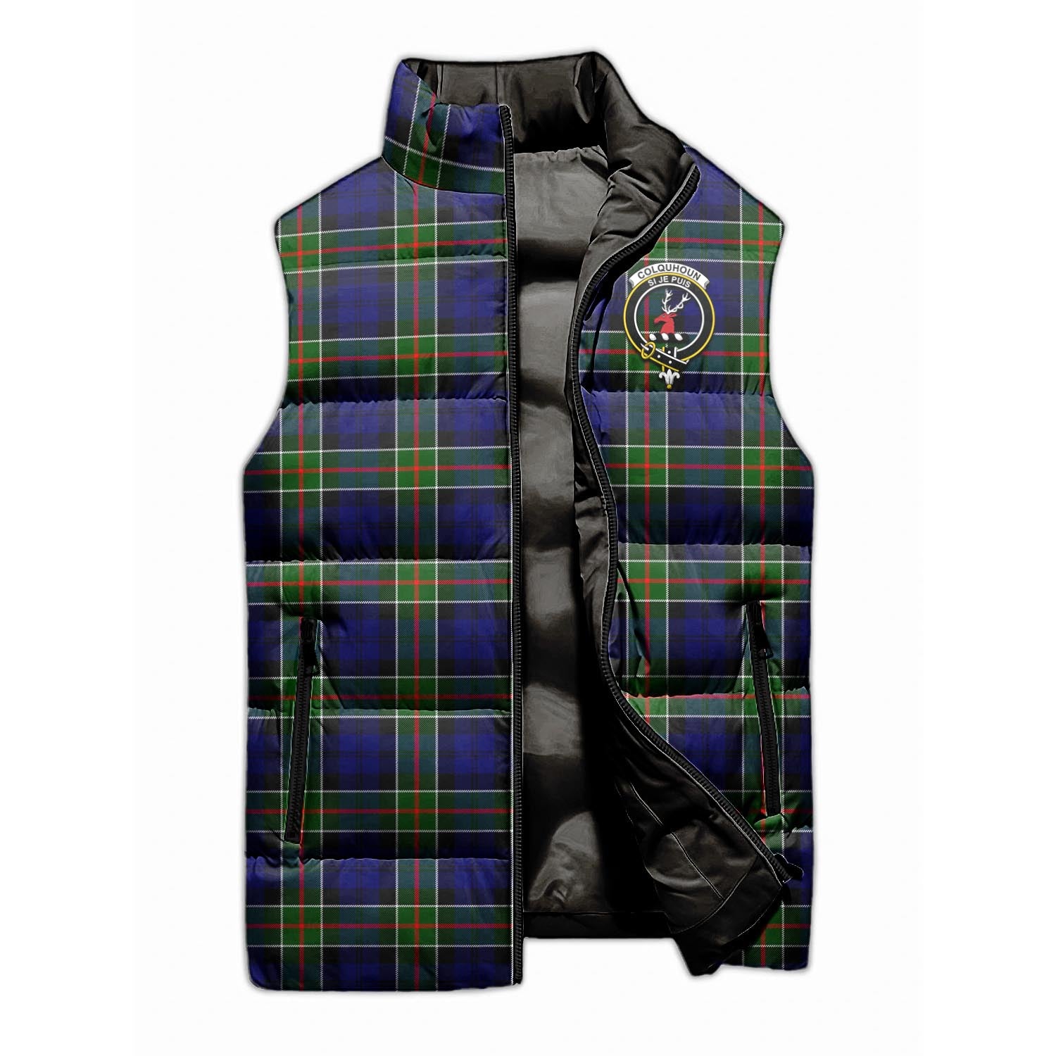 Colquhoun Modern Tartan Sleeveless Puffer Jacket with Family Crest - Tartanvibesclothing