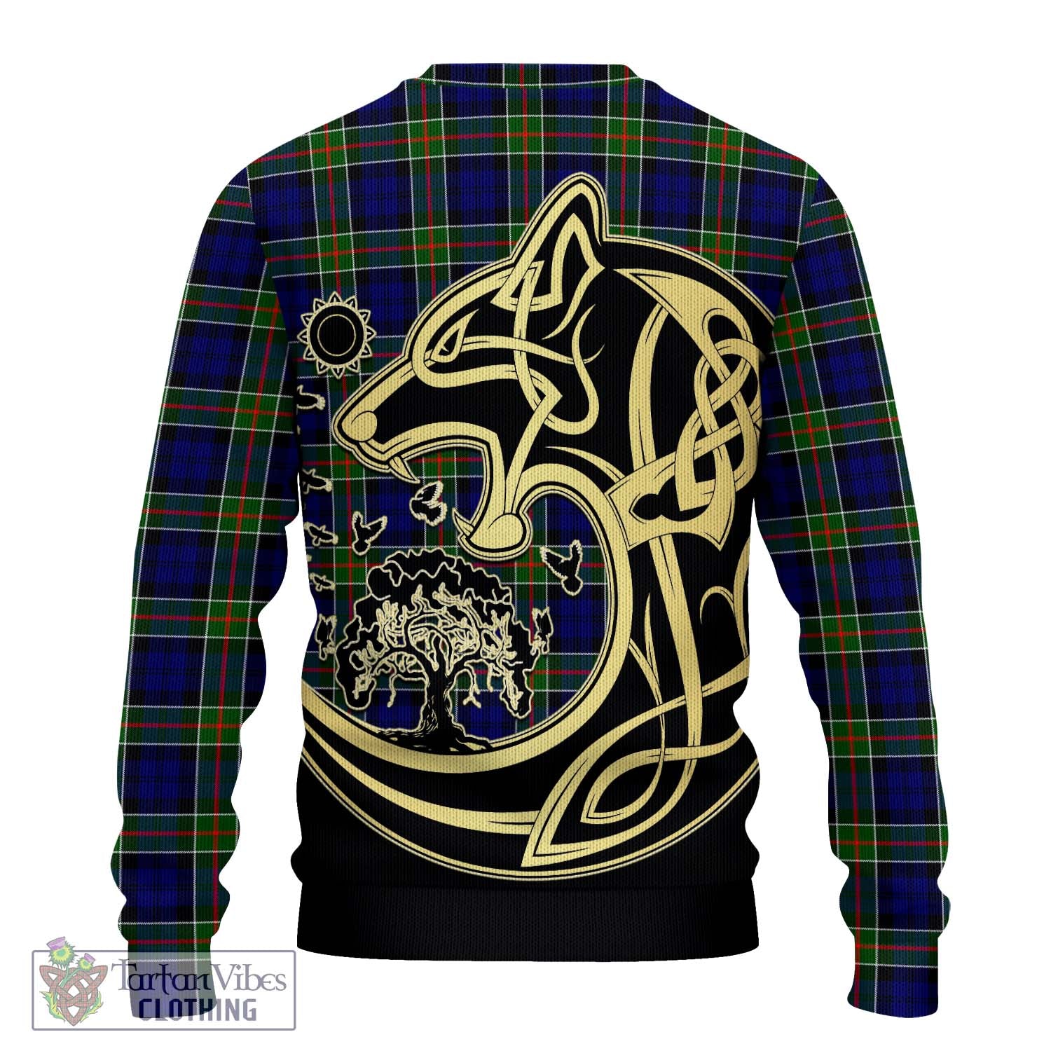 Tartan Vibes Clothing Colquhoun Modern Tartan Knitted Sweater with Family Crest Celtic Wolf Style