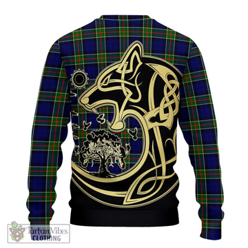 Colquhoun Modern Tartan Knitted Sweater with Family Crest Celtic Wolf Style