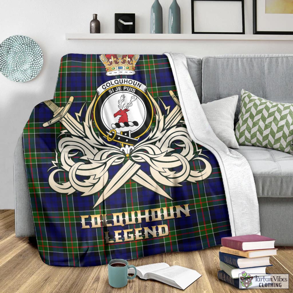 Tartan Vibes Clothing Colquhoun Modern Tartan Blanket with Clan Crest and the Golden Sword of Courageous Legacy