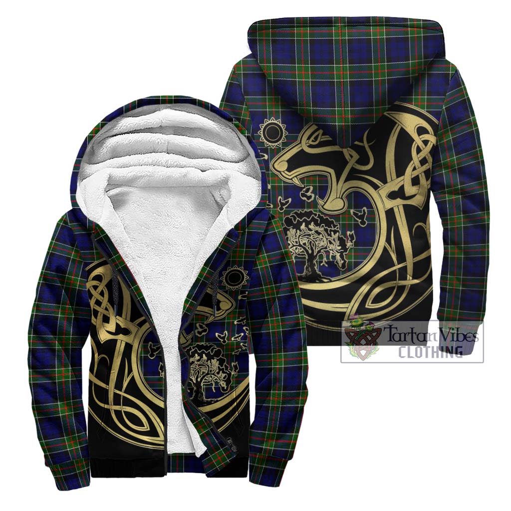 Tartan Vibes Clothing Colquhoun Modern Tartan Sherpa Hoodie with Family Crest Celtic Wolf Style