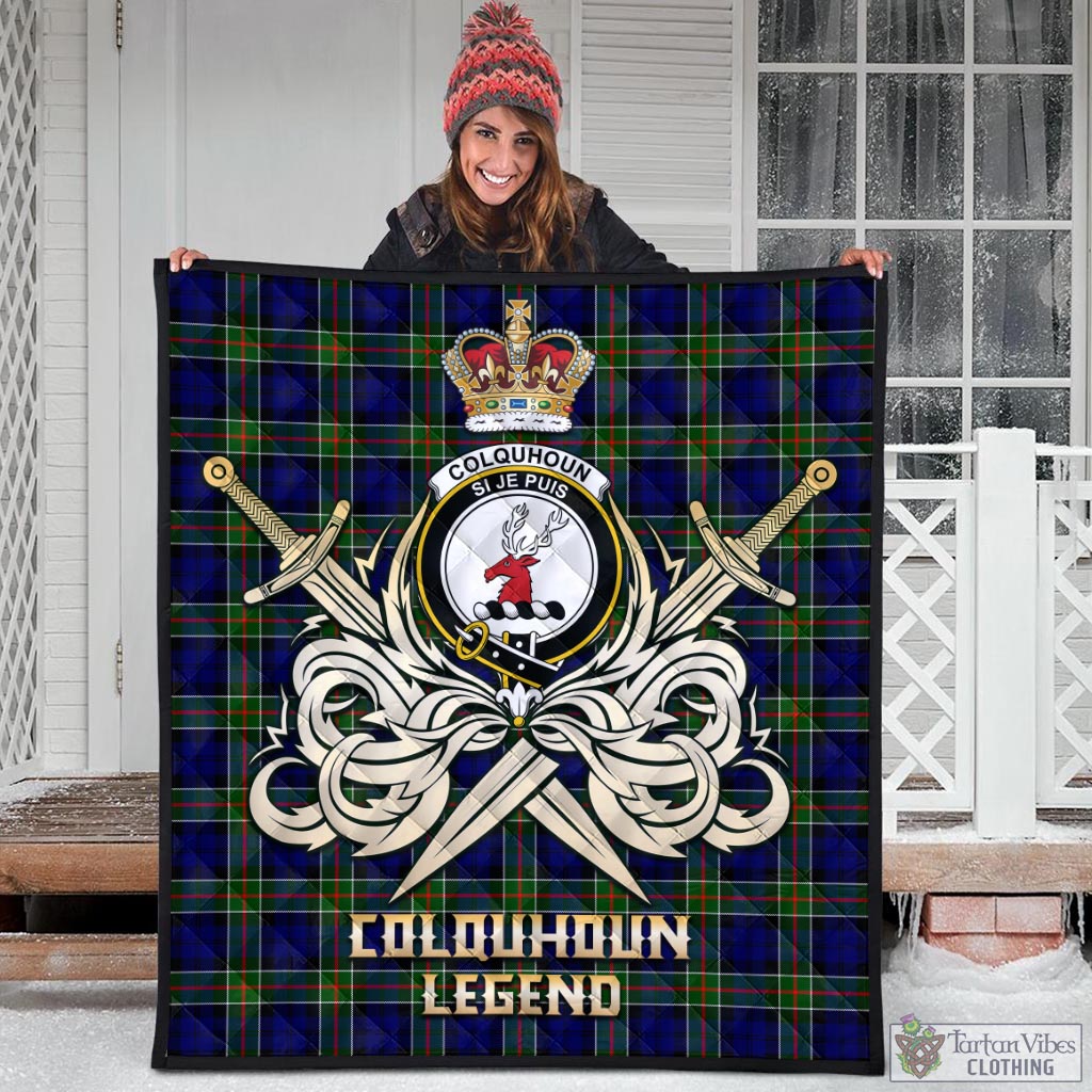 Tartan Vibes Clothing Colquhoun Modern Tartan Quilt with Clan Crest and the Golden Sword of Courageous Legacy