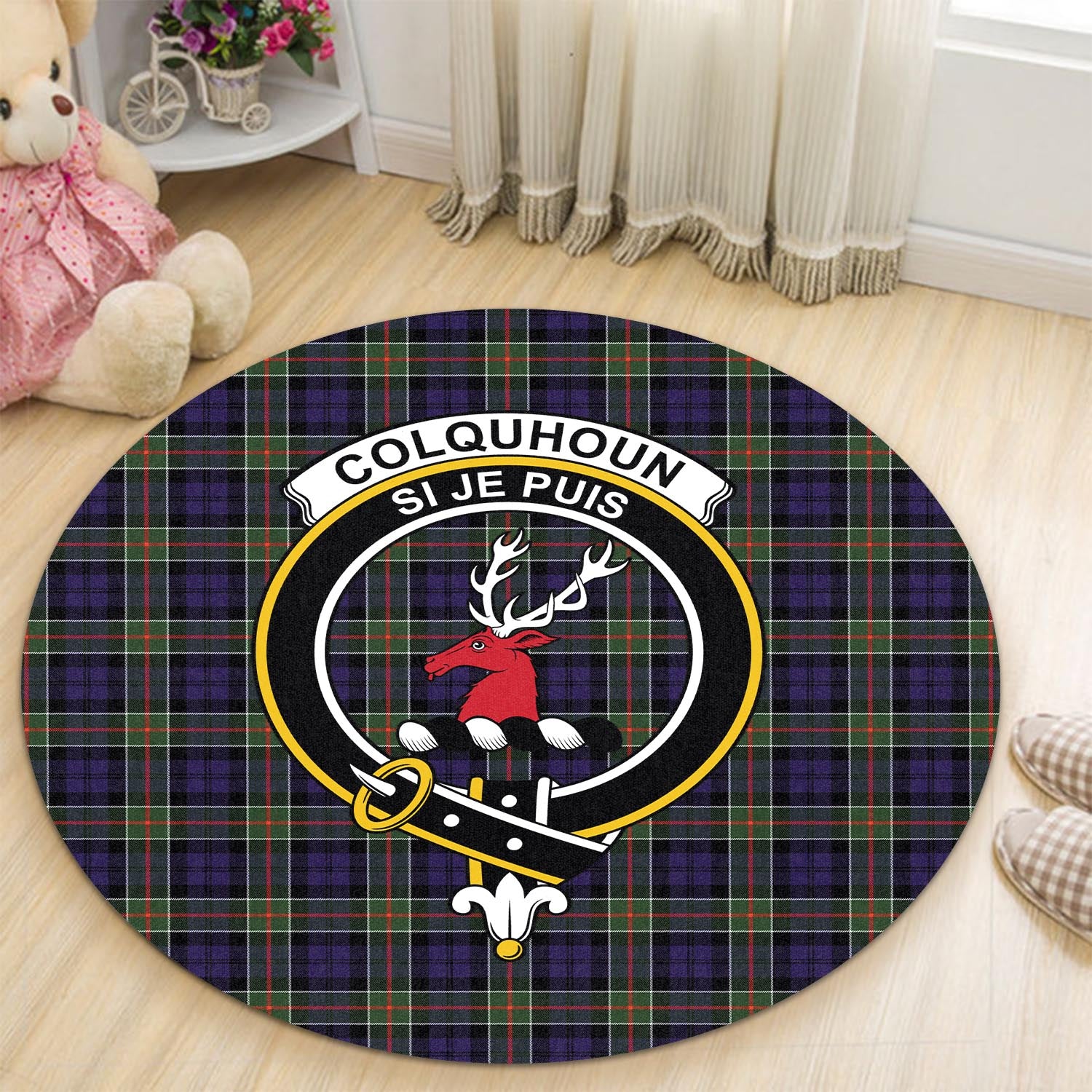 Colquhoun Modern Tartan Round Rug with Family Crest - Tartanvibesclothing