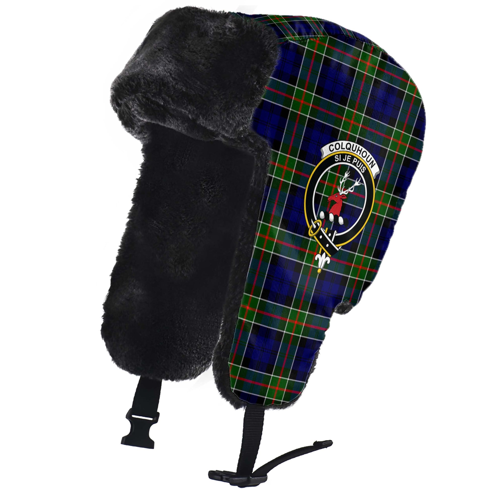 Colquhoun Modern Tartan Winter Trapper Hat with Family Crest - Tartanvibesclothing