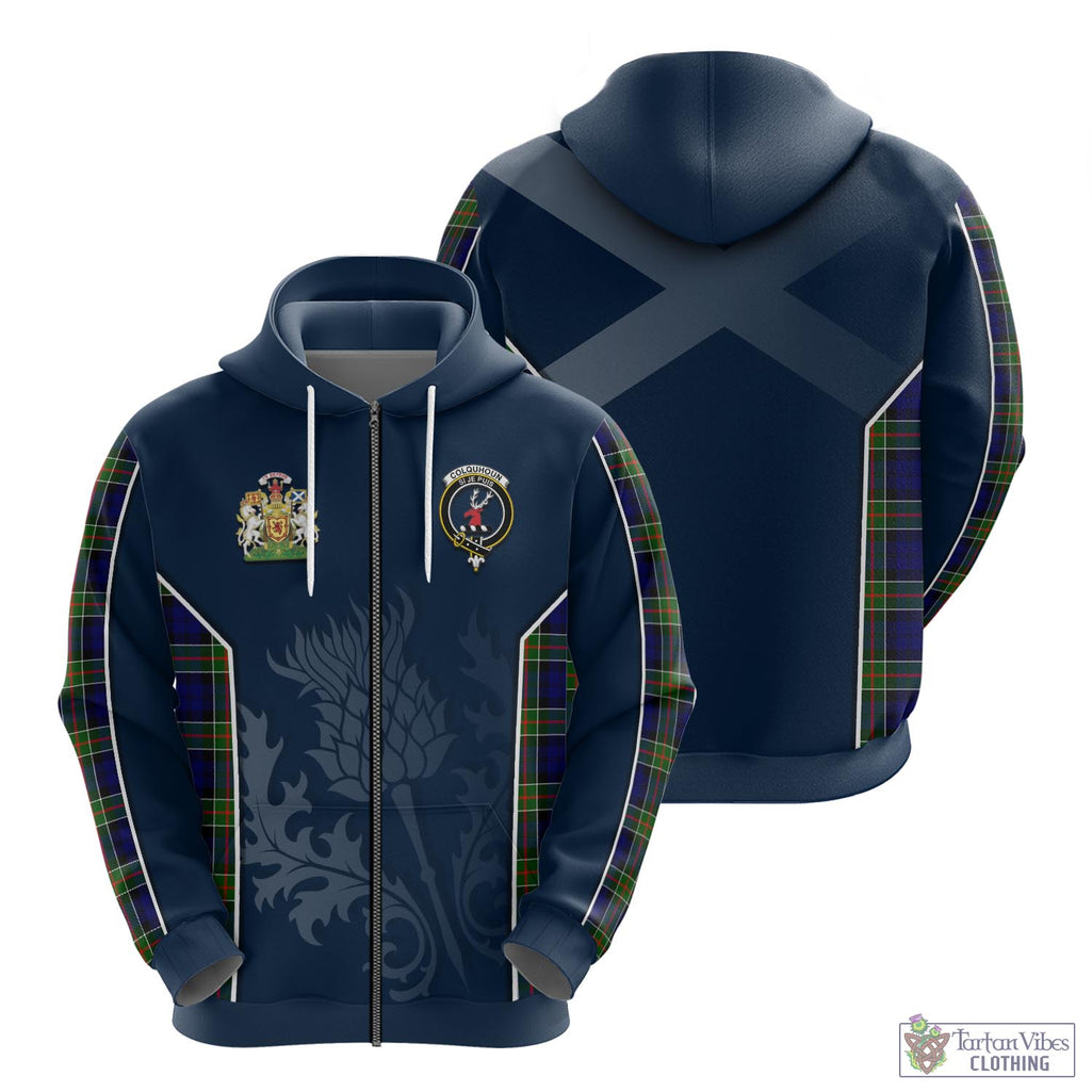 Tartan Vibes Clothing Colquhoun Modern Tartan Hoodie with Family Crest and Scottish Thistle Vibes Sport Style