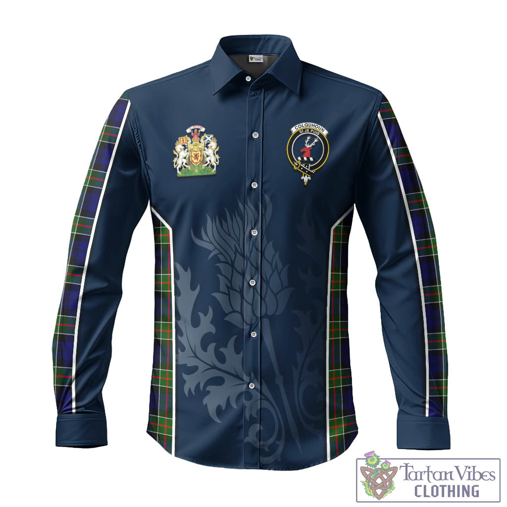 Tartan Vibes Clothing Colquhoun Modern Tartan Long Sleeve Button Up Shirt with Family Crest and Scottish Thistle Vibes Sport Style