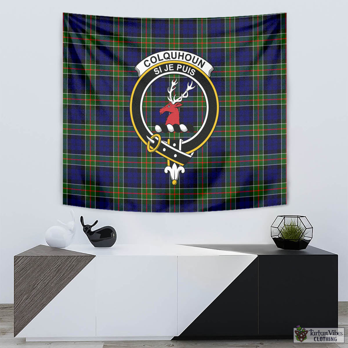 Tartan Vibes Clothing Colquhoun Modern Tartan Tapestry Wall Hanging and Home Decor for Room with Family Crest