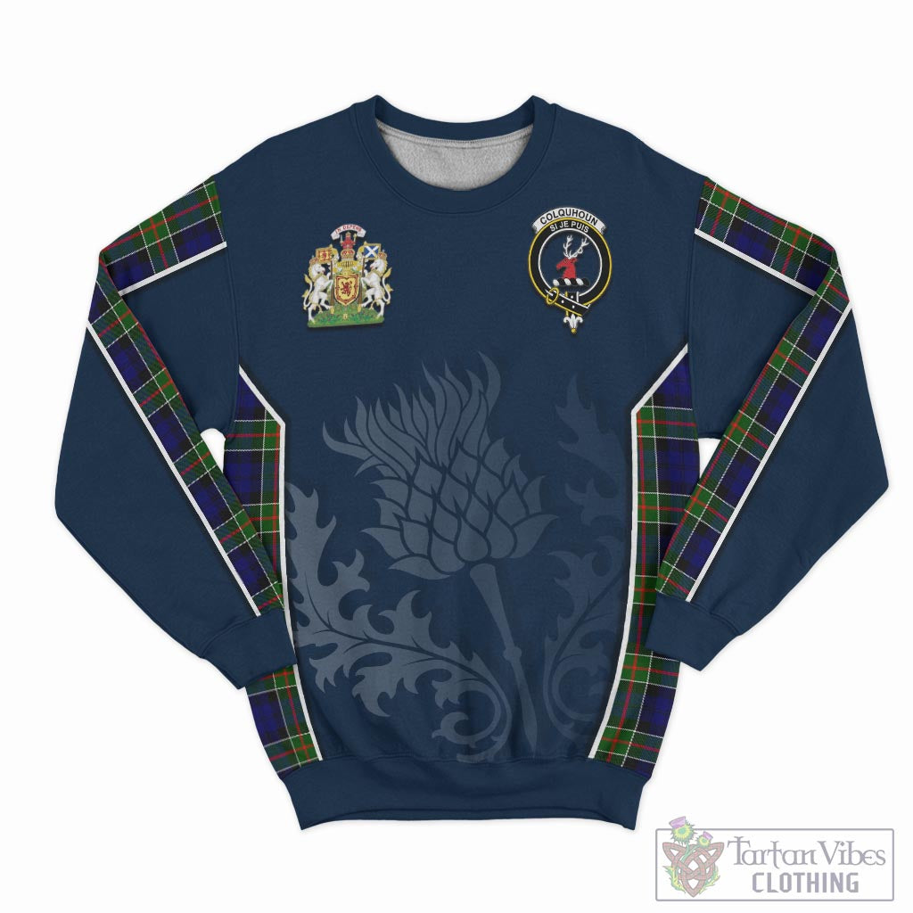 Tartan Vibes Clothing Colquhoun Modern Tartan Sweatshirt with Family Crest and Scottish Thistle Vibes Sport Style