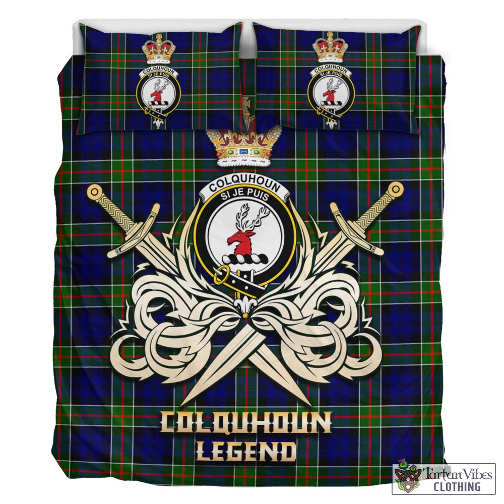 Tartan Vibes Clothing Colquhoun Modern Tartan Bedding Set with Clan Crest and the Golden Sword of Courageous Legacy