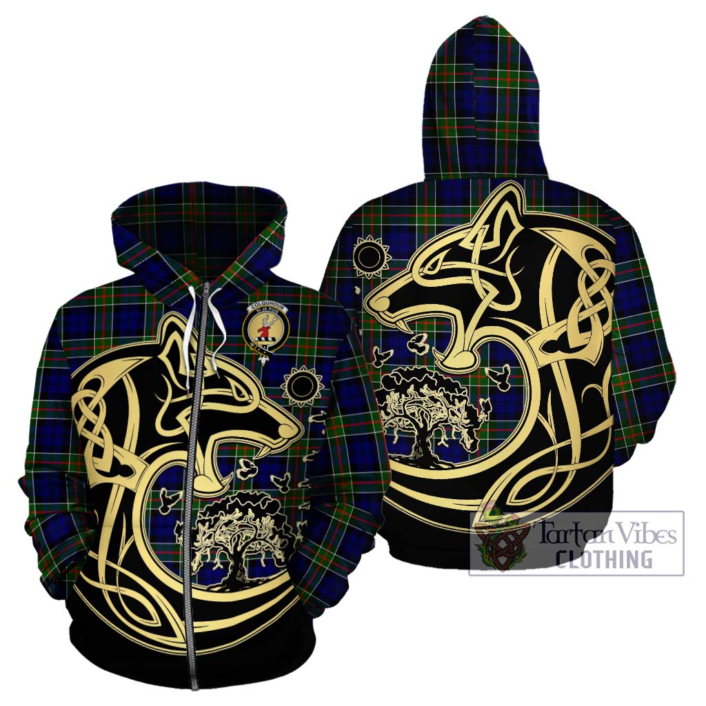 Tartan Vibes Clothing Colquhoun Modern Tartan Hoodie with Family Crest Celtic Wolf Style