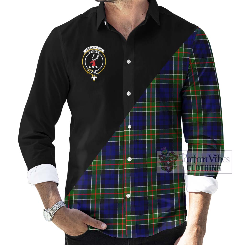 Tartan Vibes Clothing Colquhoun Modern Tartan Long Sleeve Button Shirt with Family Crest and Military Logo Style