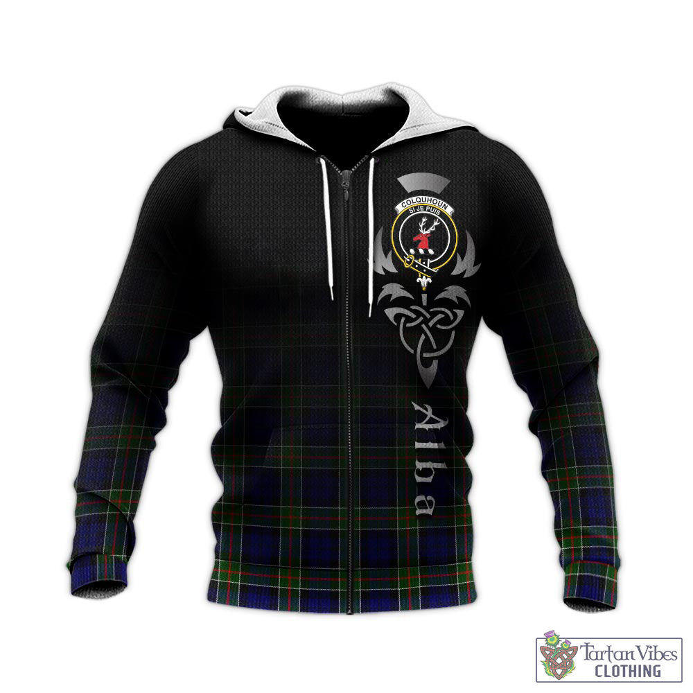 Tartan Vibes Clothing Colquhoun Modern Tartan Knitted Hoodie Featuring Alba Gu Brath Family Crest Celtic Inspired