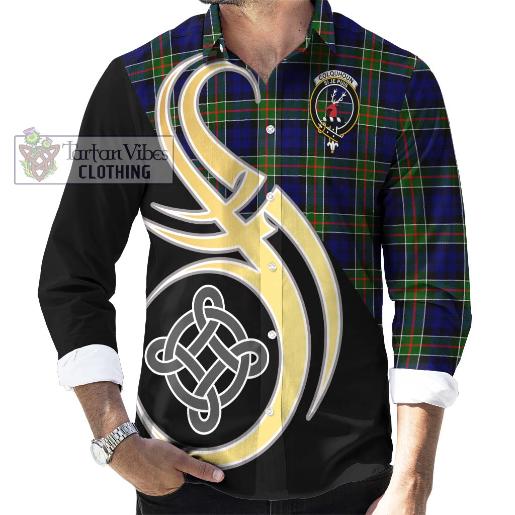 Colquhoun Tartan Long Sleeve Button Shirt with Family Crest and Celtic Symbol Style - Tartan Vibes Clothing