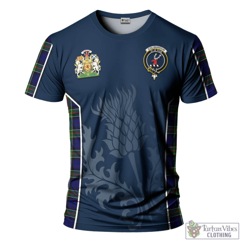 Tartan Vibes Clothing Colquhoun Modern Tartan T-Shirt with Family Crest and Scottish Thistle Vibes Sport Style