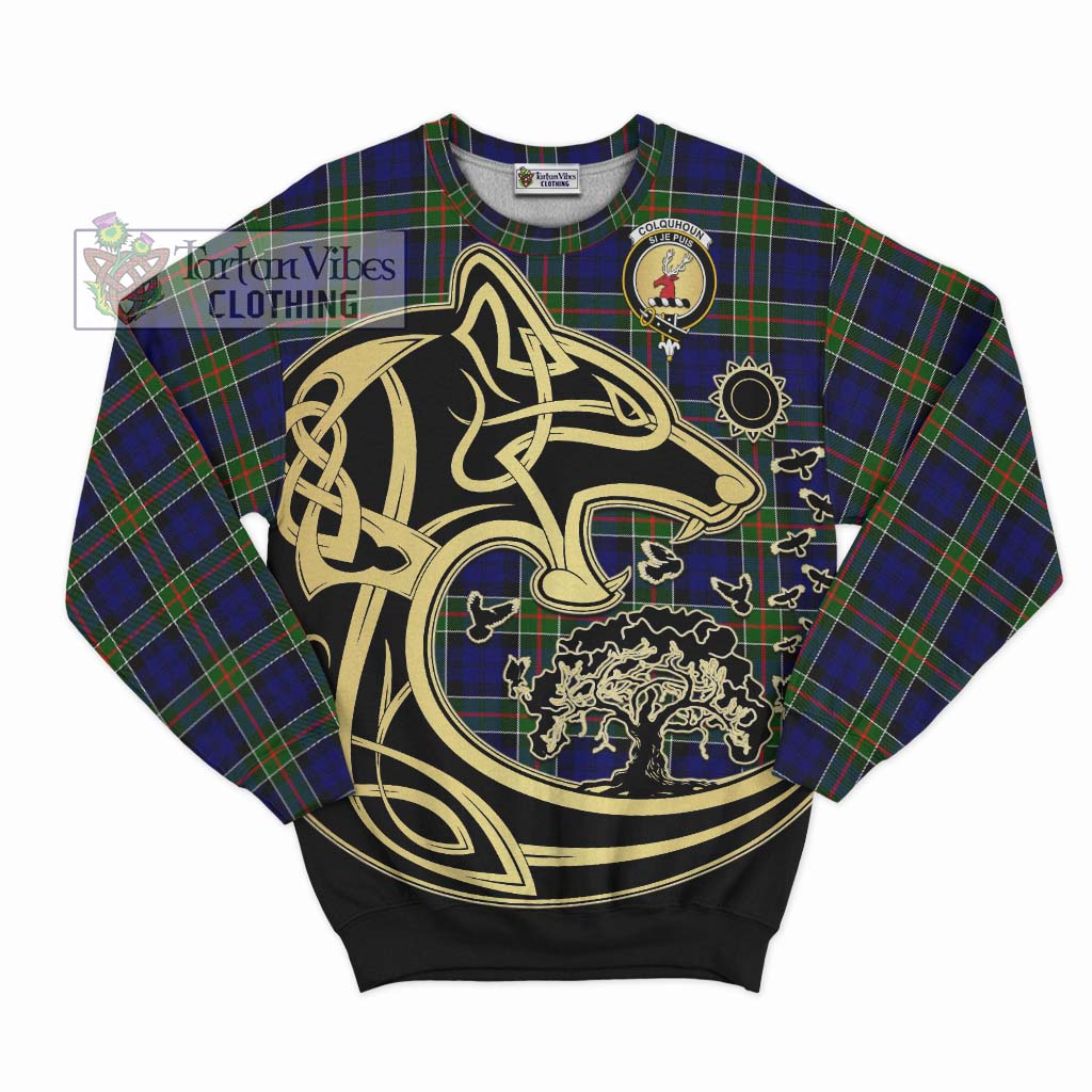 Tartan Vibes Clothing Colquhoun Modern Tartan Sweatshirt with Family Crest Celtic Wolf Style