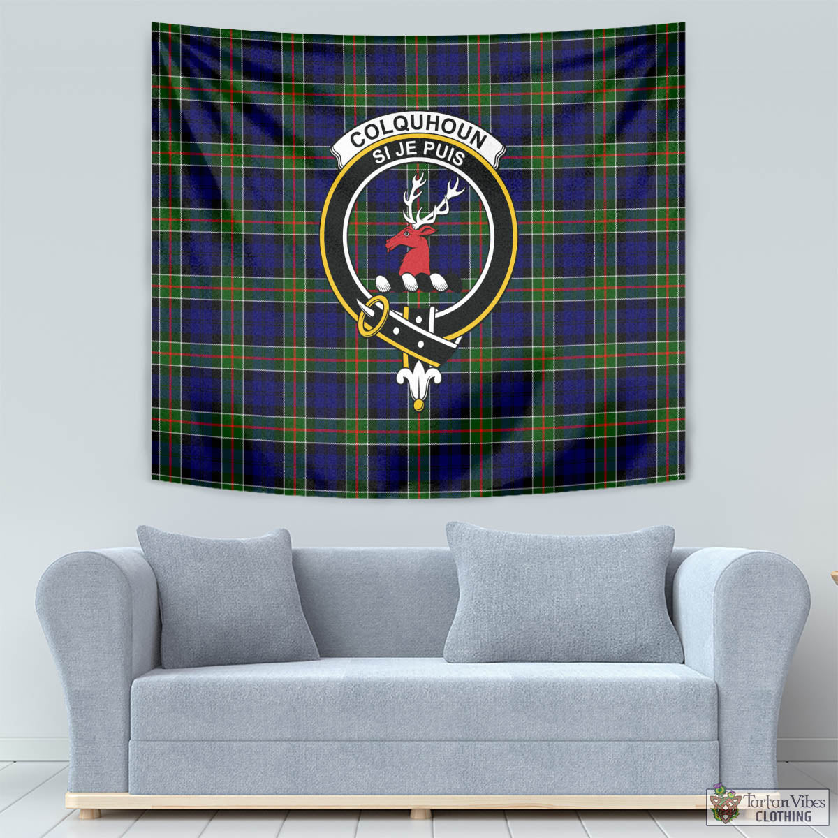 Tartan Vibes Clothing Colquhoun Modern Tartan Tapestry Wall Hanging and Home Decor for Room with Family Crest