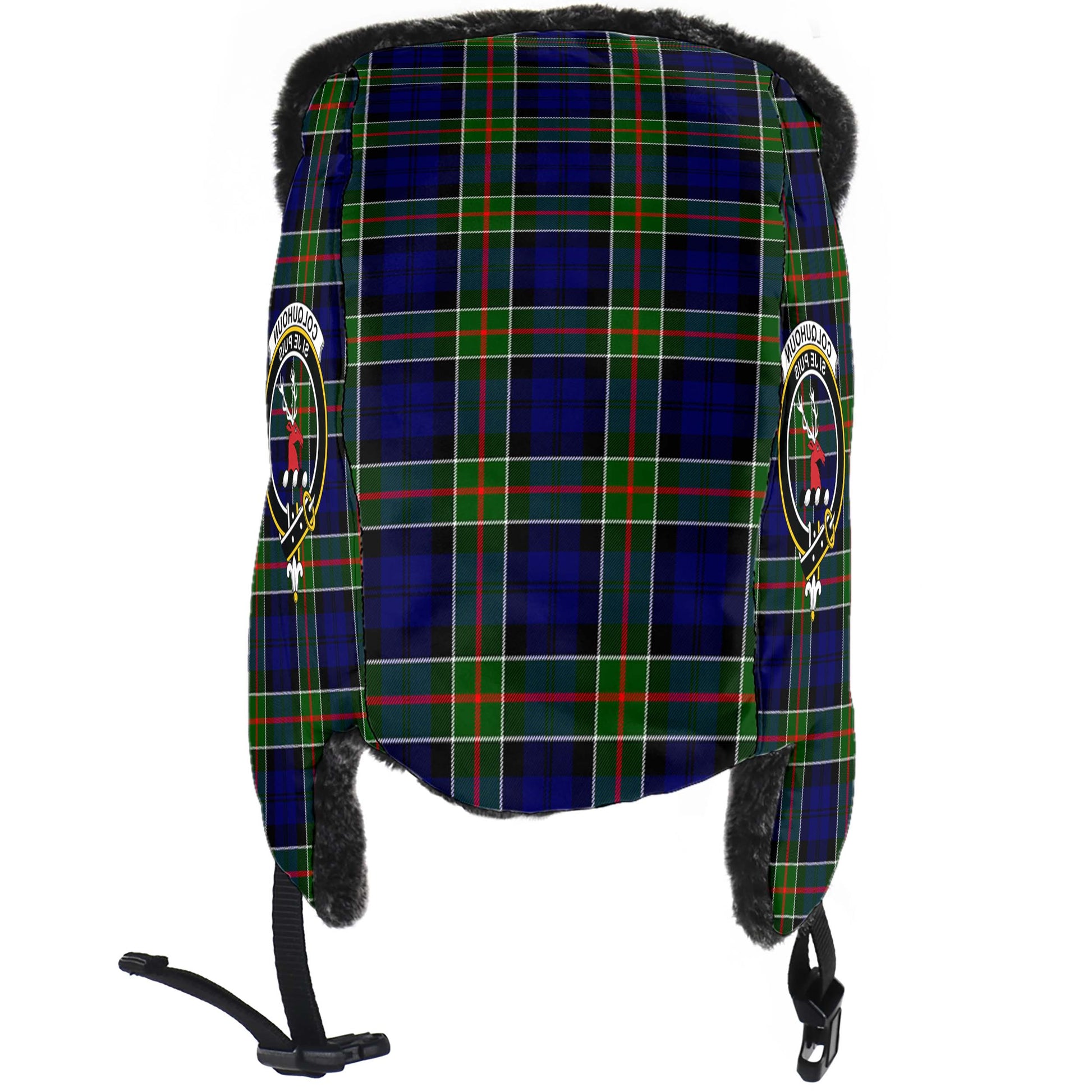 Colquhoun Modern Tartan Winter Trapper Hat with Family Crest - Tartanvibesclothing