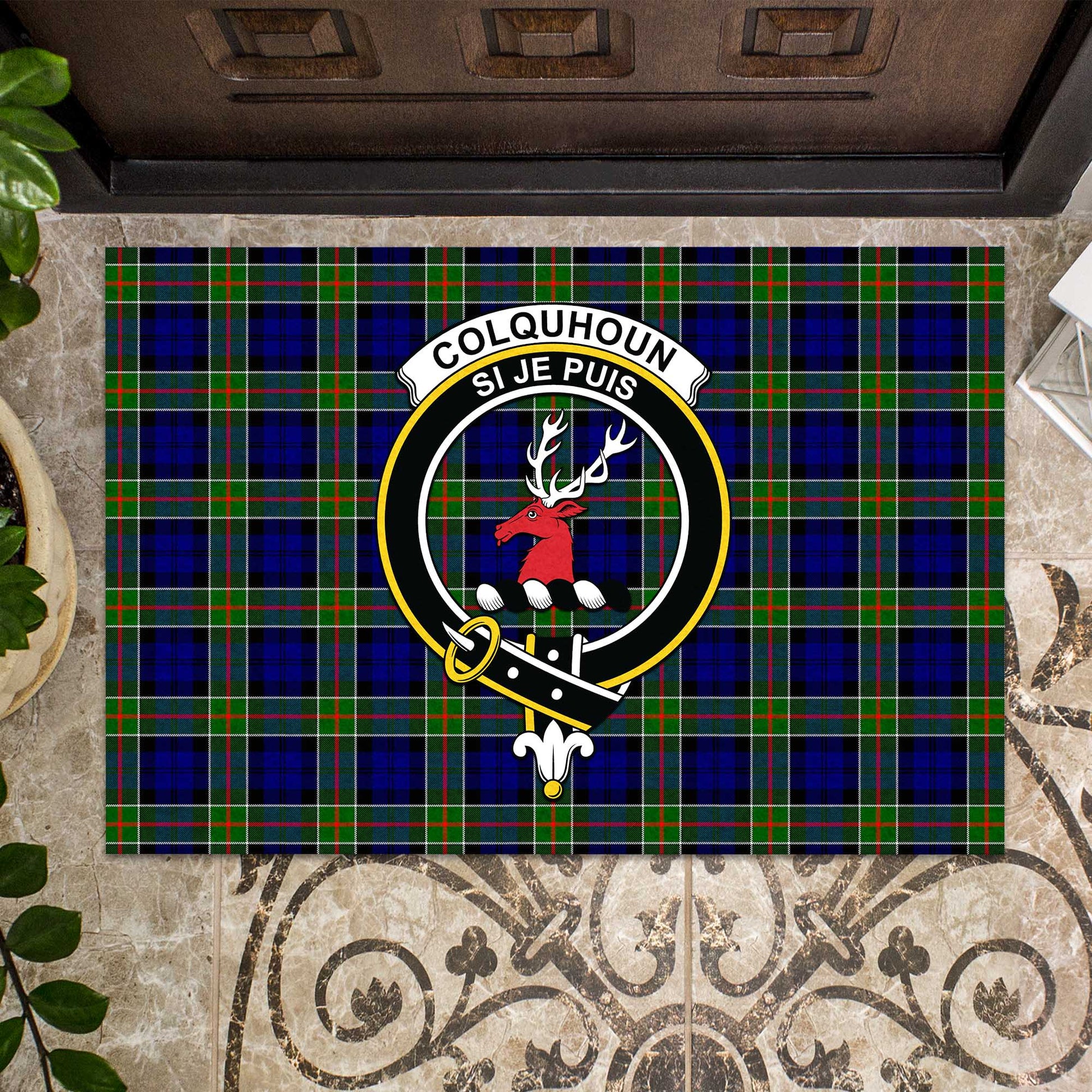 Colquhoun Modern Tartan Door Mat with Family Crest - Tartanvibesclothing