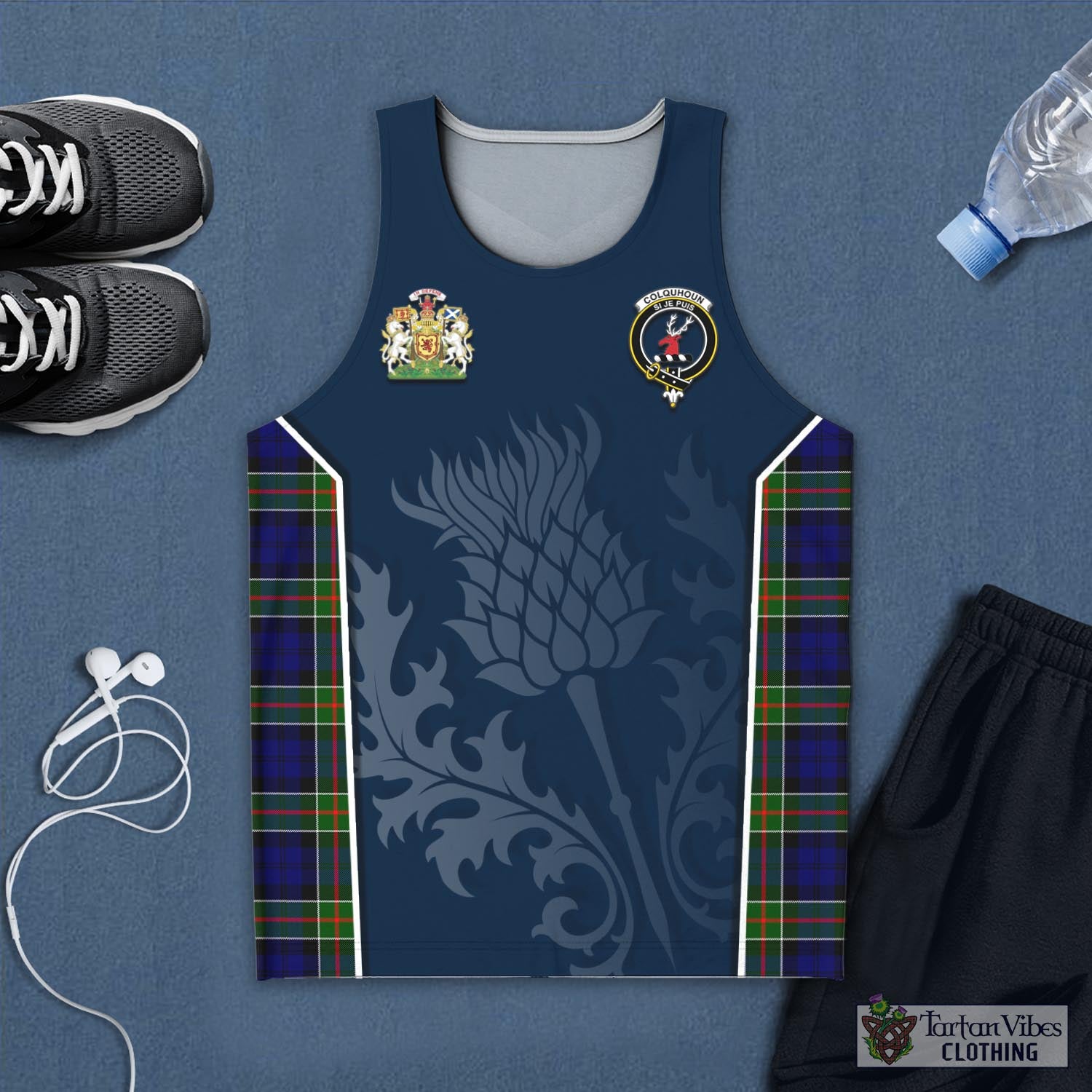 Tartan Vibes Clothing Colquhoun Modern Tartan Men's Tanks Top with Family Crest and Scottish Thistle Vibes Sport Style